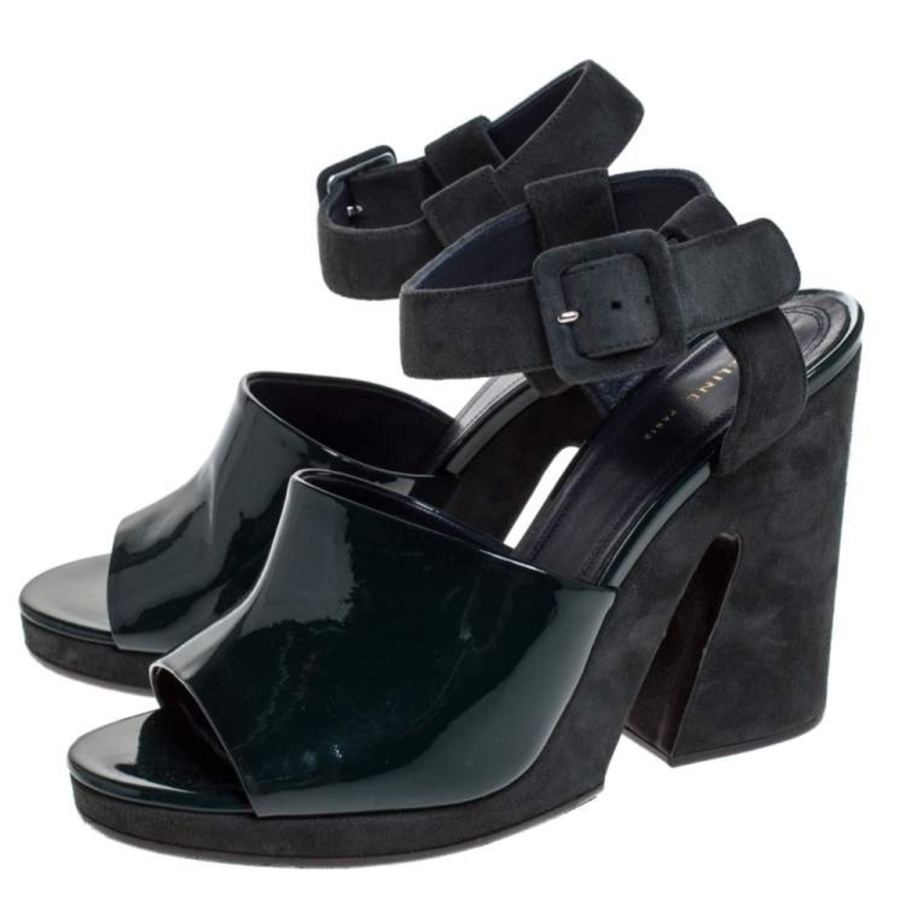 Celine Green Patent Leather And Suede Ankle Strap Open Toe Platform Sandals 37 - Picture 1 of 8